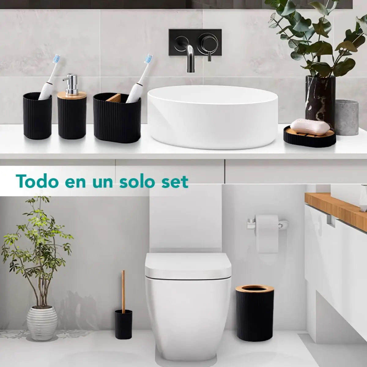 Set de baño minimalista en uso con accesorios funcionales