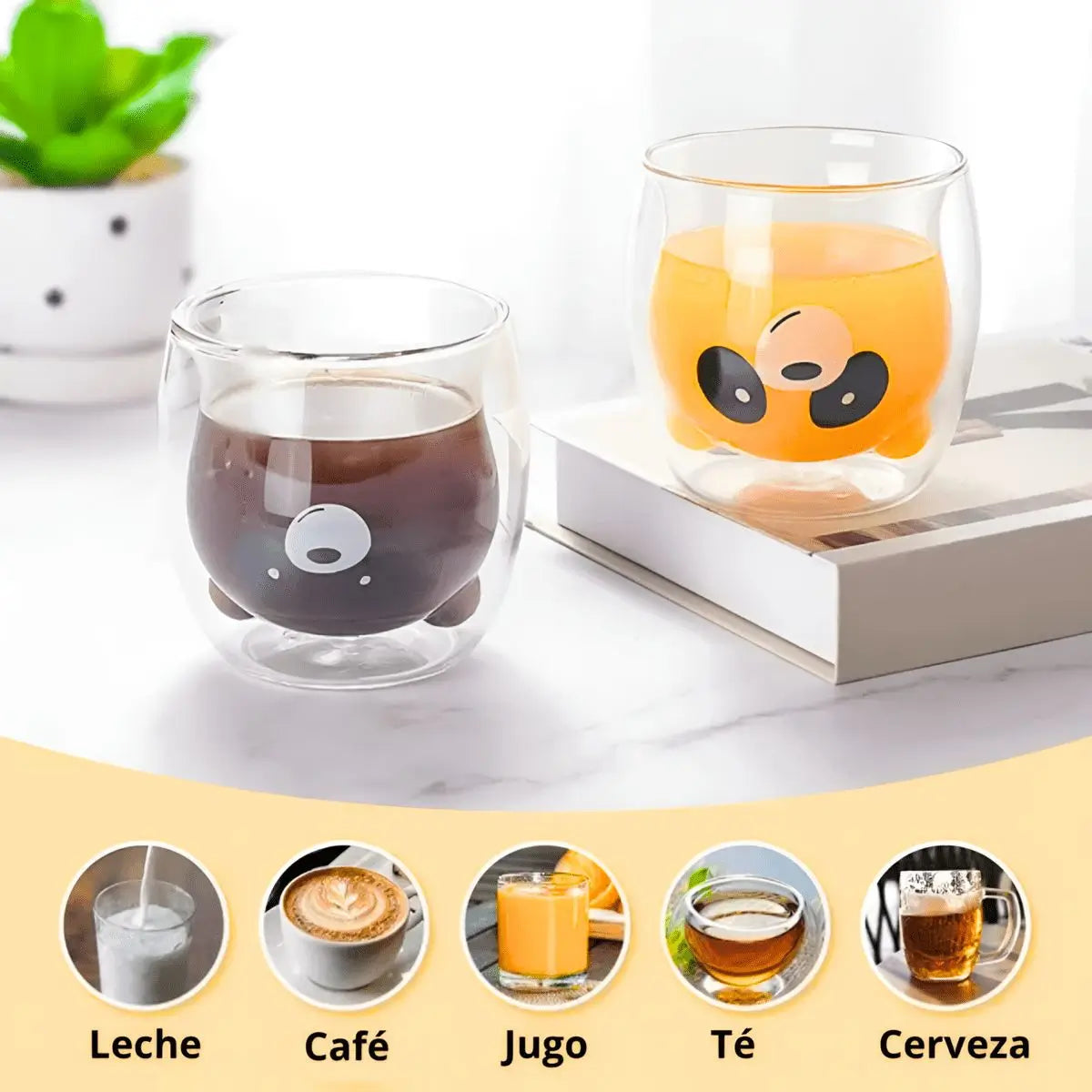 Vaso de vidrio Panda para bebidas frías y calientes